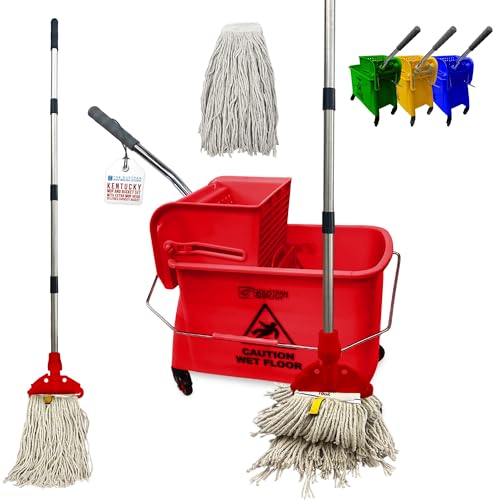 Image of Professional Kentucky Floor Mop and Bucket Set on Wheels - Large Capacity Commercial Industrial Floor Mop Bucket with Wringer, Ideal for Warehouse, Hotel, Office, School Use - Red