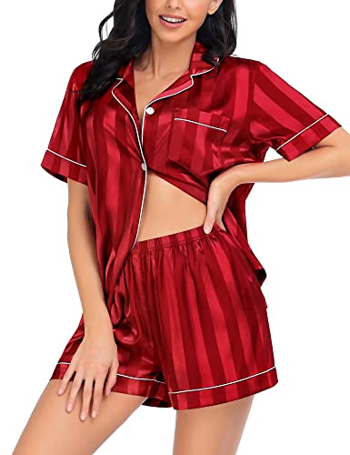 Image of SWOMOG Satin Matching Pajamas Sets Couple Silk Button Down Nightwear Women & Men Short Sleeve Sleepwear 2 Pieces Loungewear