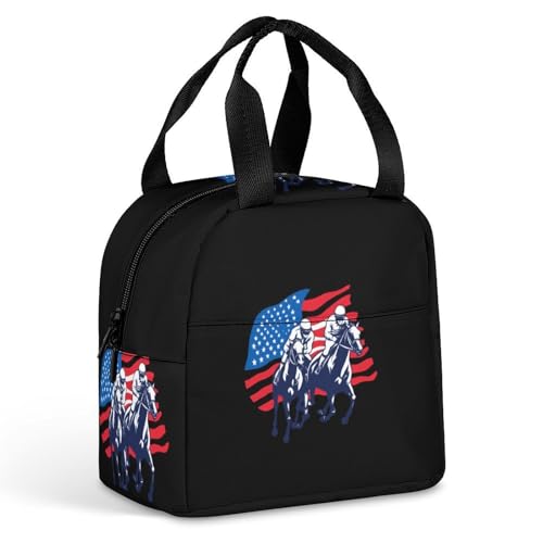 USA Flag Horse Racing Equestrian Cute Lunch Bag Insulated Lunchbox Cooler for Work Office Picnic Men Women