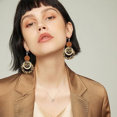 Handmade Bohemian PU Geometry Circle Dangle Drop Earrings Lightweight Nature Wooden Disc Leopard Print Hook Earrings For Women3