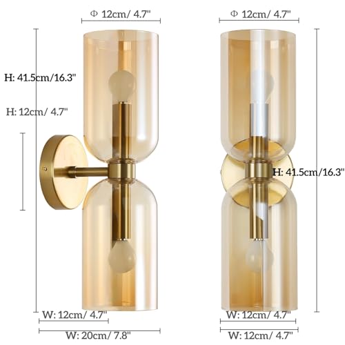 Image of EFINEHOME Minimalist 2-Light Gold Wall Sconces with Cylinder Glass Shades- Mid Century Vanity Wall Double Lights Hardwired- Modern Indoor Glass Wall Mounted Art Decor Lights (Amber, 1 Pack)