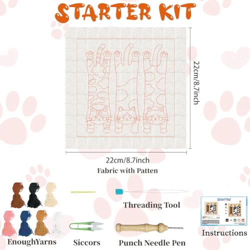 Image of BEUNITONE Lie Flat Cat Punch Needle Kit for Adults Beginners, Complete DIY Craft Needlepoint Kits with Hoop, Punch Needle Starter Craft Embroidery Set for Festival Gift and Cloth Home Decor 9.4X9.4 inch