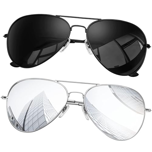 KANASTAL Dobles Gafas de Sol Hombre Polarizadas Mujer Clásicas Vintage Metal Silver Sunglasses - Plateadas Espejo + Negras Lentes Montura Negras