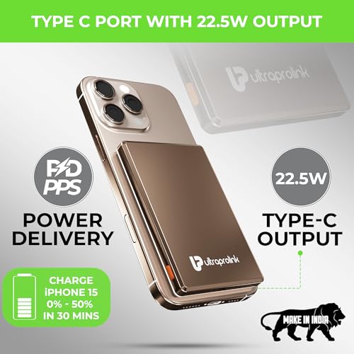 Image of UltraProlink 5000mAh Slimmest Wireless Magnetic Mag-Safe Power Bank| 22.5W Fast Charge Type C Port with PD-PPS Support |Charging for iPhone Series 16,15,14,13 | Made in India |TAN|Juice-Up Mag 4