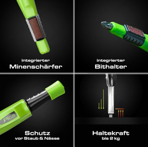 Pica BIG Dry Zimmermannsbleistift nachfüllbar I Strapazierfähiger Tieflochmarker I Druckmechanik Stift mit Minenvorschub I Bohrlochmarker mit Minenschärfer I Bleistift Baustelle mit 2x5mm Minen