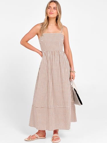 Image of Caracilia Womens Maxi Dresses Gingham Spaghetti Strap Back Smocked Flowy Long Sundress Summer Beach Vacation Clothes 2026