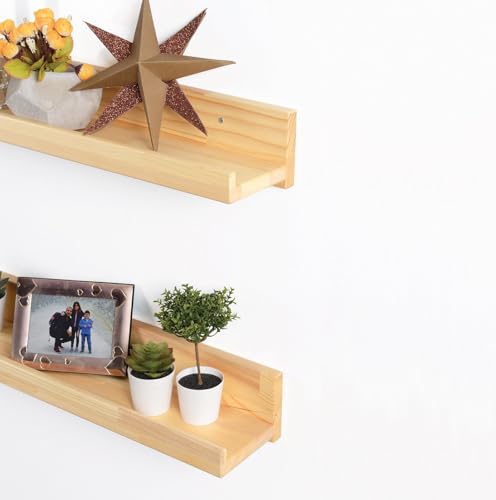 Image of Wooden Floating Wall Shelf for Home Decor | Solid Pine Wood Wall Mounted Shelf for Living Room, Bedroom & Office (Set of 2)