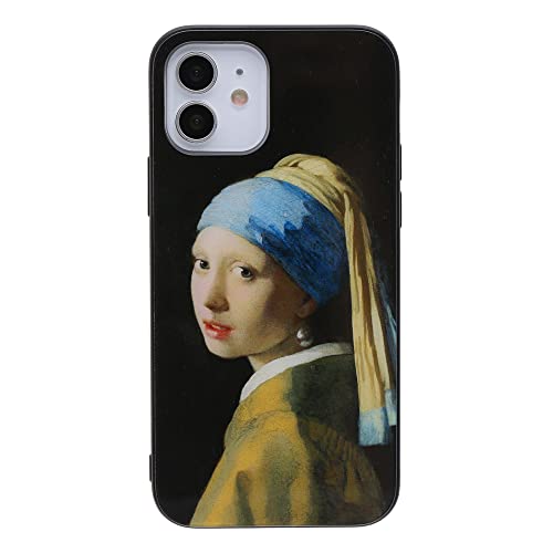 ONLYOU iPhone 12 mini 用 ケース 可愛い 韓国 背面ガラス TPU アクリル ガラス 絵画 真珠の耳飾りの少女 フェルメール グッズ カバー iphone12ミニ かわいい (iPhone12mini Girl with a Pear