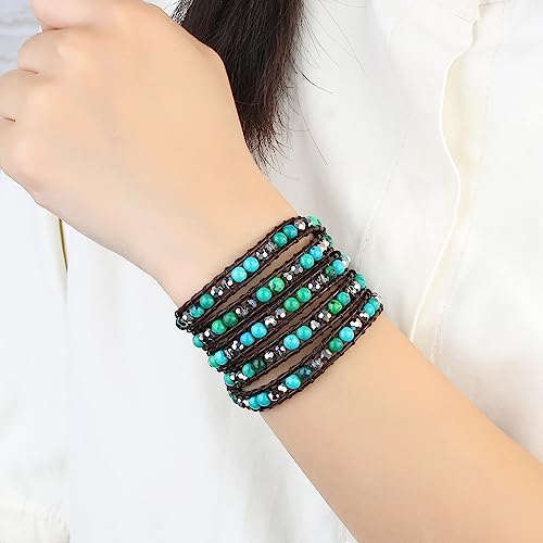 Kelitch Leather Bracelet For Women Turquoise Crystal Beaded 5 Wrap Bangle Charm Cuff Handmade Fashion Jewelry #TOP3
