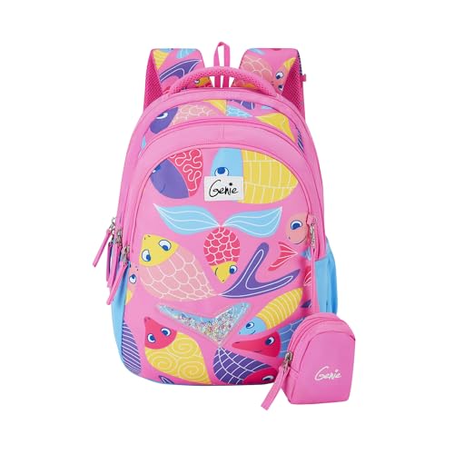 Image of Genie Finley Kids Backpacks, 15 inch Cute, Colourful Bags for Girls, Water Resistant and Lightweight, 3 Compartment with Happy Pouch, 20 Liters, Nylon Twill, Pink