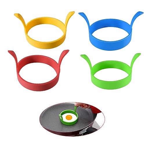 Lot de 4 moules à œufs au plat, ronds, antiadhésifs, avec poignées, en silicone, moule à crêpes, œufs au plat, moules à œufs au plat pour œufs, tartes à hamburger, desserts