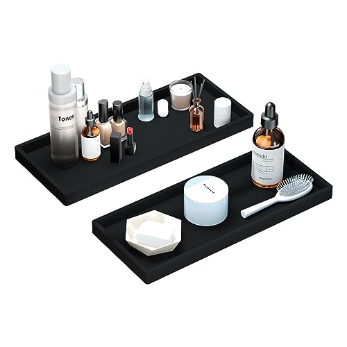 Image of BBK Bathroom Vanity Tray 11.8 in- 2 Pack(Large) Silicone Bathroom Tray for Counter, Perfume Key Trinket Ring Tray, Decor Soap Dispenser Countertop Tray for Kitchen Sink Organization (Black)