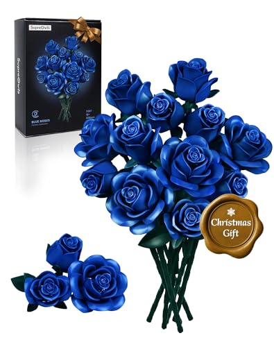 Millionspring Blue Rose Bouquet Building Set di 12 rose artificiali blu, regali per lei per compleanno, anniversario, San Valentino, festa della mamma, Natale, decorazioni per la casa, 608 pezzi