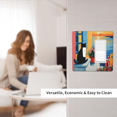 Decorative Outlet Covers Vintage Oil Painting Style Black Cat Sea Flowers 2 Gang 1 Gang Wall Plate Cover Single Toggle Rocker Combo Light Switch Cover Plate Face Plate for Home Decor