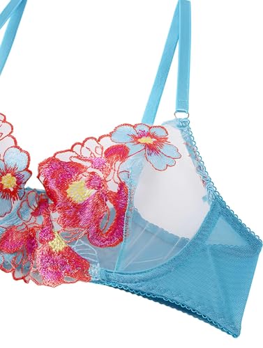 Image of Lilosy Sexy Leaf Floral Embroidered Mesh Sheer Women Underwire Push Up Lingerie Set