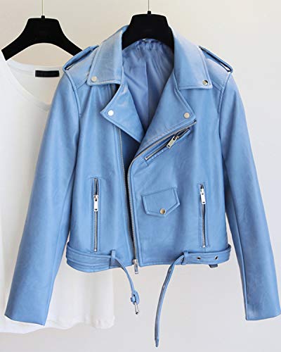 Ly Varey Lin Women's Faux Leather Motorcycle Jacket Pu Slim Short Biker Coat (S, Blue) #TOP4