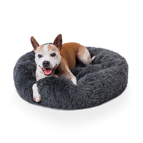 Woof & Whiskers Donut Dog Bed Dark Grey Medium Donut Bed 60cm Calming Dog and Cat Beds Round Plush Donut Cuddler Bed With Non Slip Base Anti Anxiety Properties Machine Washable (Dark Grey, 60cm)