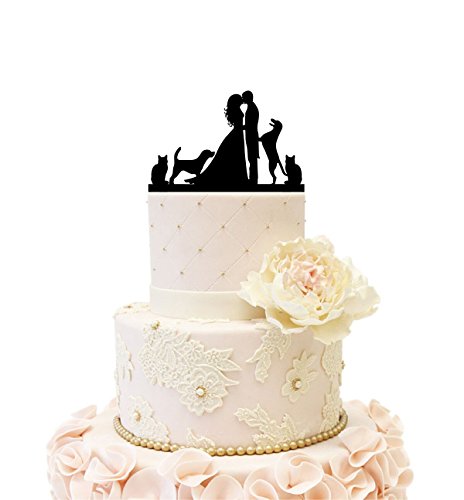Wedding Anniverary Family Cake Topper couple with 2 Dogs and 2 Cats (Black)