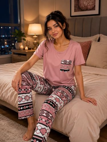 Image of LITZO Womens Night Suit || Printed Round Neck Short Sleeve Nightsuit Set | Pajama Set | Casual Night Dress for Women (L-25-27)