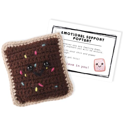 Crochet Emotional Support Pop Tart, Handmade Funny Positive Tart with Inspirational Card Knitted Knitting Doll Cute Cheer up Tart Gifts Toy Reduce Pressure for Women Men Decoration (Brown)