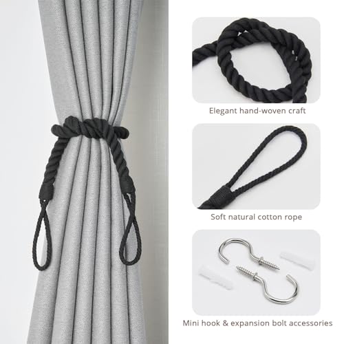 Pretty Jolly 2 Pack Natural Cotton Rope Curtain Tiebacks Boho Rustic Style Decorative Drape Tie Backs Elegant Hand-Woven Rope Curtain Holdbacks with Metal Hook for Home & Office Drapery (Cotton-Black) - Image 2