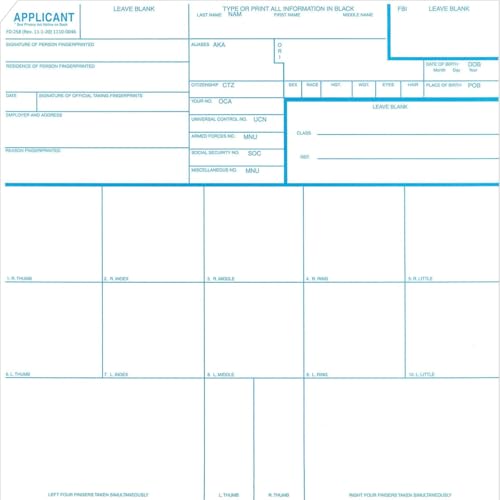 FD-258 Fingerprint Card 10 Pack Latest Version Rev. 10/31/2023 Form Ink & Live Scan Compatible Crime Scene Fingerprint Cards Use in Law Enforcement Employment Film or Video
