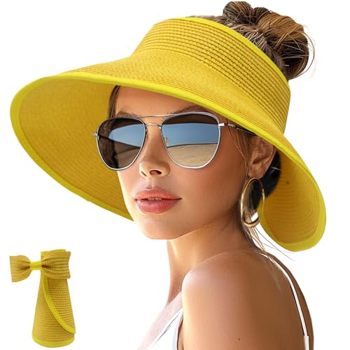 Image of NPJY Sun Hats for Women Wide Brim Roll-Up Beach Ponytail Hat Packable Foldable Travel Straw Visor