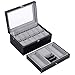 BEWISHOME 12-Slot Watch Case, Watch Box, 2 Layers, 1 Drawer for Jewelry, Rings Watch Storage Case Organizer with Display Drawer Adjustable Tray for Men with Glass Top Black SSH02B