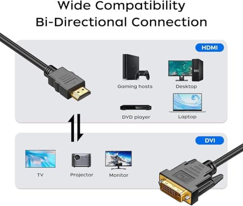 Image of DVI to HDMI Cable, 5ft HDMI Male to DVI Male Bi-Directional Adapter Cable, HDMI to D-VI-D 24+1 High Speed Cable Support 1080P HD for Raspberry Pi, Roku, Xbox One PS5