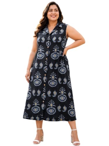 Image of Indietoga Women Plus Size Printed Cotton Midi A-line Dress (XL to 7XL)