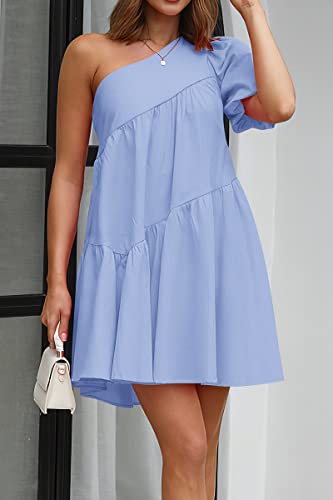 Image of KIRUNDO Summer One Shoulder Mini Baby Doll Dresses Women 2026 Casual Puff Sleeve Loose Tiered A Line Flowy Short Dress