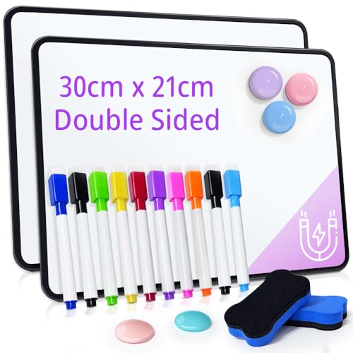 Paquete de 2 pizarras blancas A4, pizarras blancas de borrado en seco, pizarra blanca de doble cara con 10 bolígrafos de colores, 5 imanes y 2 gomas de borrar, pizarra blanca pequeña para estudiantes