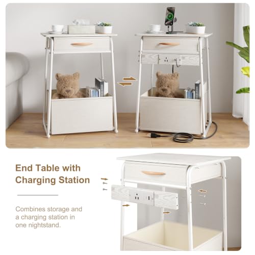 Image of End Table with charging station White Side Table with Storage Rectangular