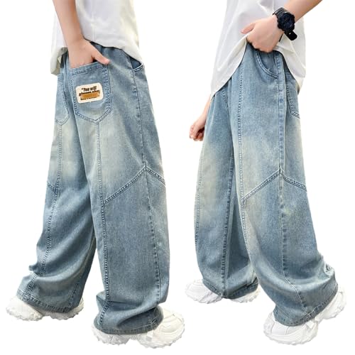 Tween Boys Baggy Jeans-Casual Elastic Waistband Straight Leg Kids Denim Pants with Alphabet Embroidery Seal
