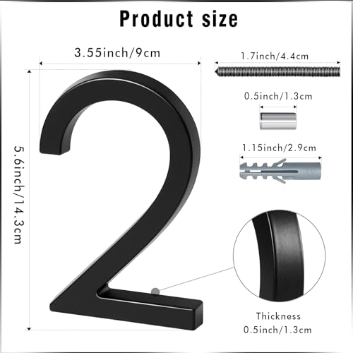 VONDERSO 6 Inch Floating House Numbers and Letters for Outside,Black Metal Modern Outdoor Address Sign for Yard Street and Mailbox, Zinc Alloy Solid Address Numbers and Letters,number 2