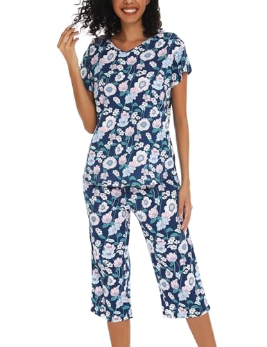 ENJOYNIGHT Pijama corto para mujer, conjunto de pijama de manga corta con pantalones de dormir de 3/4 de largo, ropa de dormir de dos piezas, S-3XL, Flor Azul Oscuro, XXXL