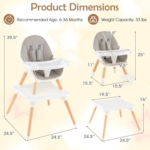 Image of GLACER High Chair, 6-in-1 Convertible Wooden High Chairs for Babies and Toddlers w /Building Block Table, 5-Point Safety Harness, Removable Tray, PU Cushioned Baby High Chair for 6-36 Months (Grey)