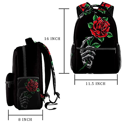 Skeleton Hand Holding Red Rose School Backpack Medium Size, Travel Bag For Women Girls Men Boys Teens2