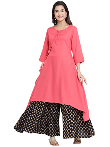 Image of Juniper Women's Coral Rayon Solid Asymmteric Kurta (Coral, XS)