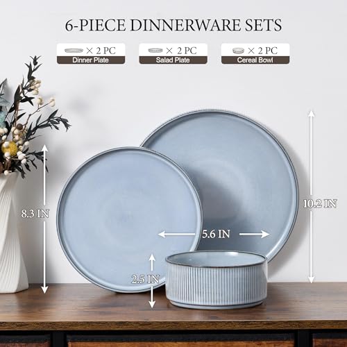 Image of E-far Stoneware Dinnerware Sets for 2, 6-Piece Plates and Bowls Sets, Chip & Scratch Resistant Ribbed Dish Set for Home Restaurant, Microwave & Dishwasher Safe, Dusty Blue
