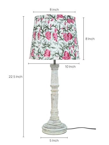 Image of Green Girgit Wooden Distress White Empire Lamp with Pleeted Multicolor Pink Rose Lamp Shade