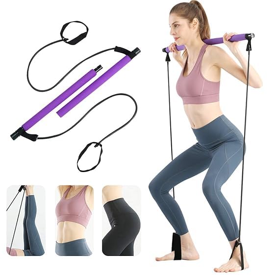 BLUE CRANE Pilates Bar Kit with Resistance Band Portable Exercise Stick with Foot Loop for Yoga Stretch Sculpt, Twisting Sit-Up Bar Resistance Band Home Fitness Gym Bodybuilding Workout for Women Men 2