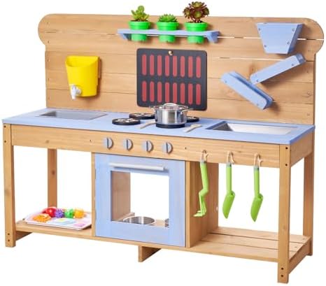 VEVOR Mud Kitchen, Outdoor Mud Kitchen for Kids, Wood Outdoor Play Kitchens with Stoves, Hooks, Double Sinks, Planting Shovels, Spatulas, Cookware Pots and Accessories, Play with Water and Sand