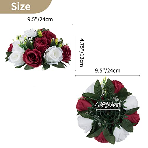 Image of NUPTIO Flower Wedding Centrepieces for Tables - 6 Pcs 9.5in Diameter Burgundy & White Artificial Flowers Rose Ball for Centerpieces Table - Fake Rose Arrangements for Weddings Birthday Party Decor