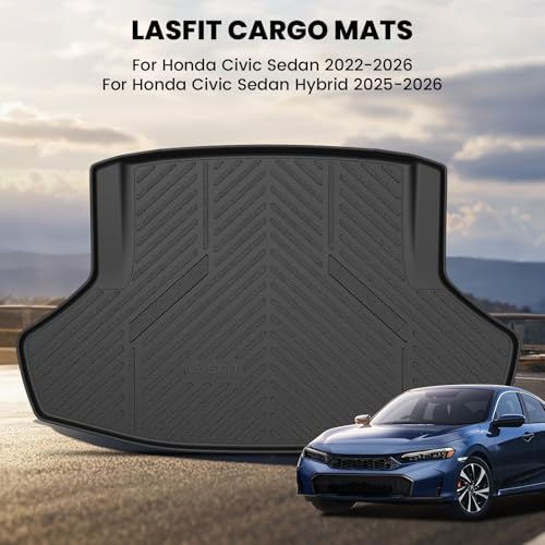 Image of LASFIT All Weather Cargo Mats for Honda Civic 2022-2026 - Sedan | Full Surround TPE Mats, Tall Walls, 3D Custom Fit, Non-Slip, Easy Clean, Tool-Free Install, Vehicle-Specific Accessories