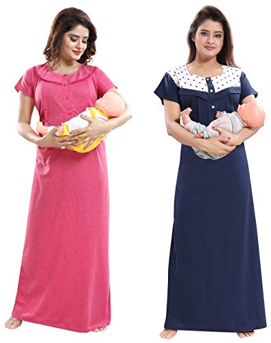 Fabme Women's Hosiery Cotton, Maternity Nighty - Zip Opening at Bust - Before and After Baby Multipurpose Night Dress ( NW0142, Pink, Free Size, Navy Blue)