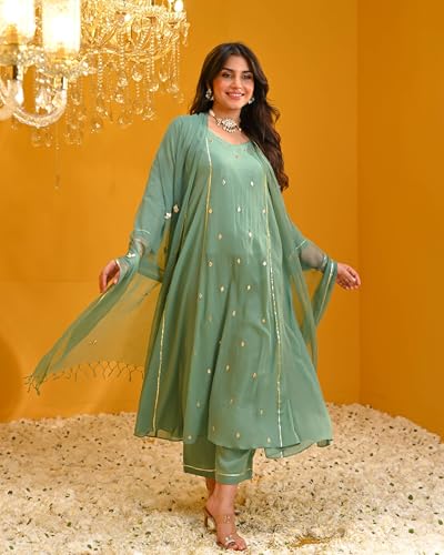 Image of GoSriKi Women's Rayon Viscose Embellished Anarkali Kurta with Pant & Dupatta