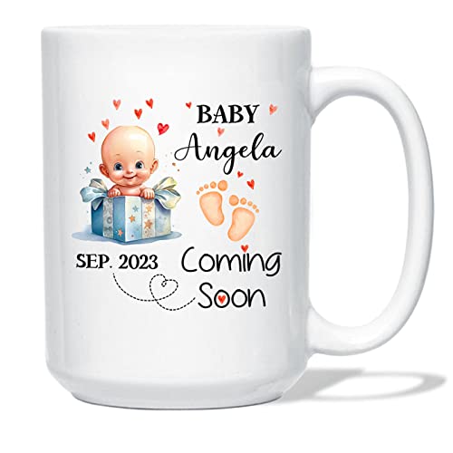 Personalized Baby Coming Soon Coffee Mug With Name & Year, Customized Baby Coming Soon White Ceramic Mug Gift, Unique Pregnancy Announcement Coffee Cup Gifts For Dad Grandparent Uncle Aunt, Daddy Mug