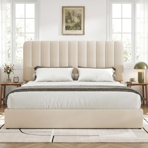 Image of VECELO Queen Size Upholstered Bed Frame with 4 Drawers and Headboard, Velvet Platform Storage Bedframe, Wooden Slats Support, No Box Spring Needed, Beige