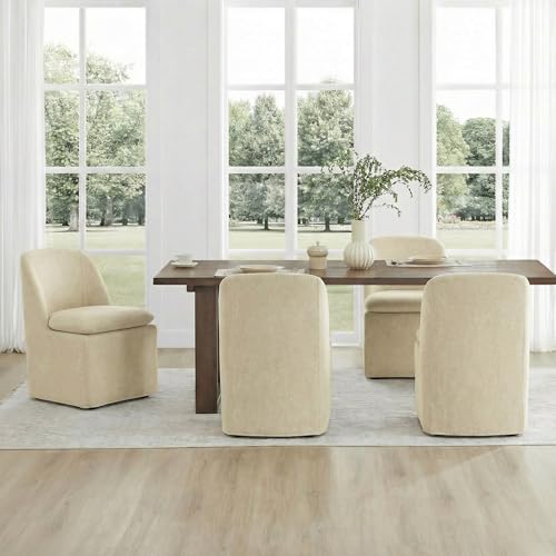 Image of KISLOT Upholstered Dining Chairs Set of 4 with Casters, Modern Side Armless Deskchair with Washable Slipcover & Sturdy Metal Frame for Diningroom Bedroom Livingroom Reading Room, Sand Fabric